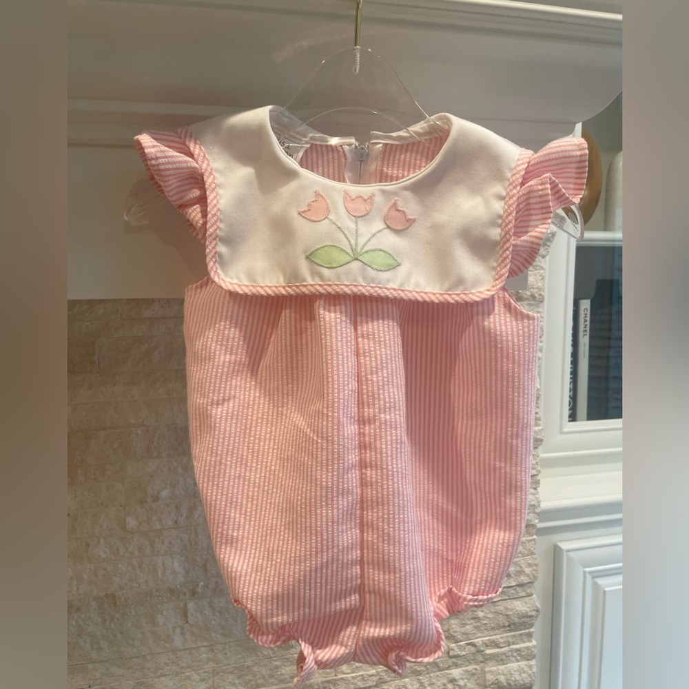Pink Seersucker Baby Girl Bubble Romper with Tulip Embroidery